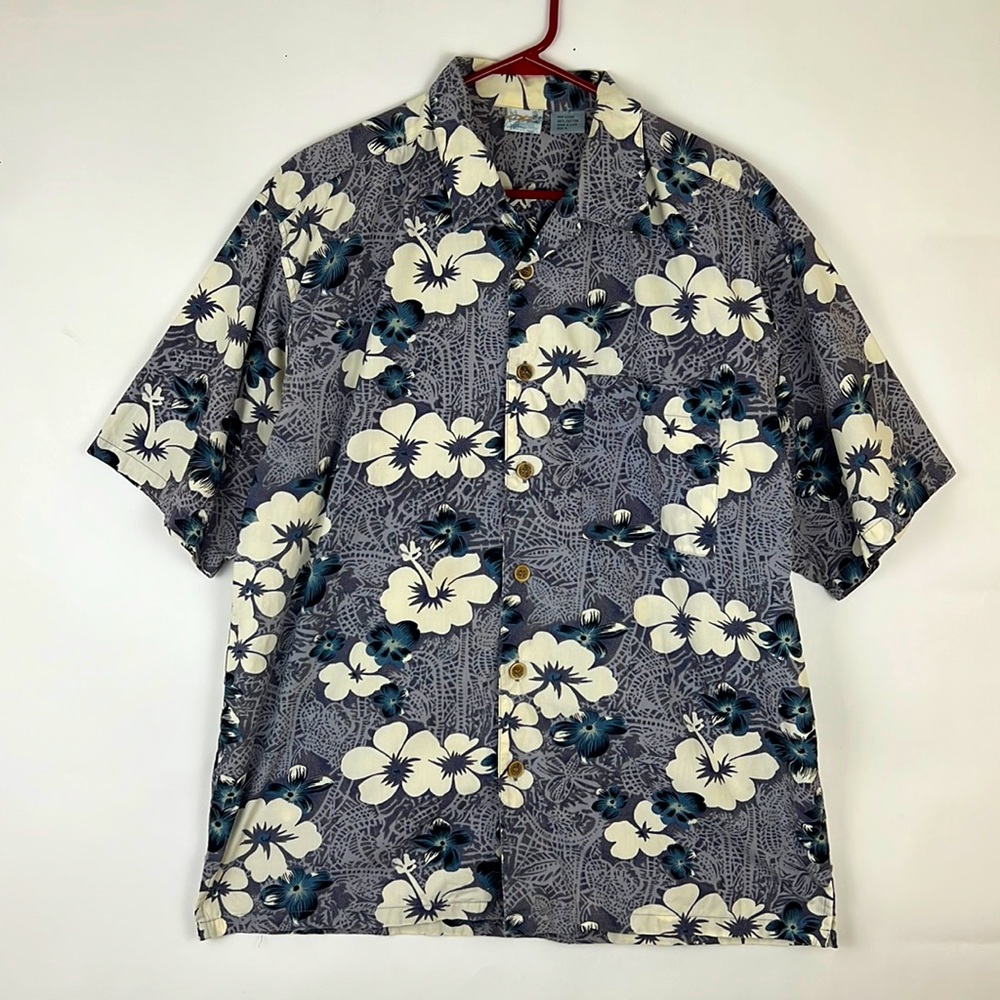 OP Men’s Hawaiian shortsleeved button down collar shirt blue and white L